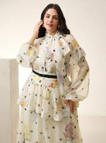 Anewsta Plus Size Elegant Polka Dot Ruffle Trim Casual Shirt