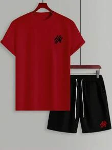 Manfinity Homme 男士字母印花圆领短袖休闲T恤和抽绳腰短裤套装 - 彩色 - 查看 3