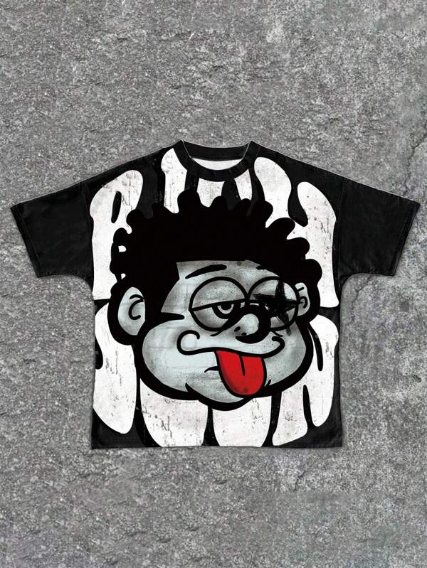 SHEIN Tween Boy Casual Stylish Classic Cool Cartoon Character Tongue Out Portrait, Pentagram Pattern, Text "RICH SOON" Printed Short Sleeve Crew Neck T-Shirt, Suitable For Summer, Street Style, Outdoor Activities, Social Occasions Cartoon Graphic Tee Boys Graphic T Kid Cartoon Shirt Boys Graphic Tee Kids Graphic Tee