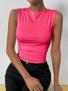 Chiquease Casual Solid Color Ruched Slim Fit Tank Top, Summer - Coral Pink - View 6