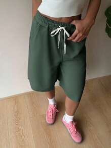 SHEIN EZwear Olive Green Casual Drawstring Waist Plus Size Women Shorts,Back To School - Olive Green - View 5