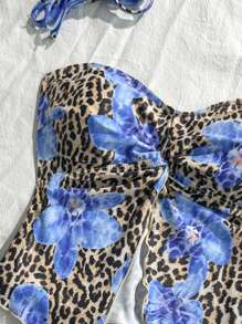 Swim Vcay Matching 2pcs Women Animal Floral Print Twist Mesh Splice High Cut Triangle Bikini Top And Bottom For Summer Beach Vacation - Multicolor - View 5