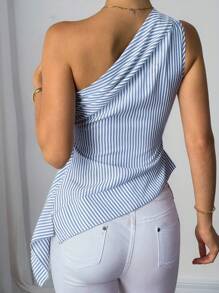 Firerie Damski elegancki, swobodny, minimalistyczny, biznesowy, swobodny, lniany top w niebieskie i białe paski z asymetrycznym dołem i falbankami, kremowo-żółty, odpowiedni na 4 lipca, na co dzień i do biura, na bal maturalny/randkę/wiosnę/lato, stylowy i wygodny, luźny top, na ukończenie szkoły, na nauczyciela, na powrót do szkoły - Niebieski i biały - Zobacz 2