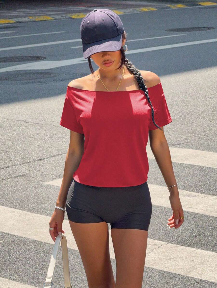 INAWLY 女式夏季纯色圆领宽松休闲T恤图案T恤女式上衣 - 紅色 - 查看 1