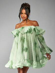 MISSGUIDED Đầm ngắn tay dài trễ vai dáng xòe bồng bềnh bằng vải voan, thích hợp cho tiệc cưới, tiệc chiêu đãi và các dịp lễ hội buổi tối. - màu xanh lá - Xem 1
