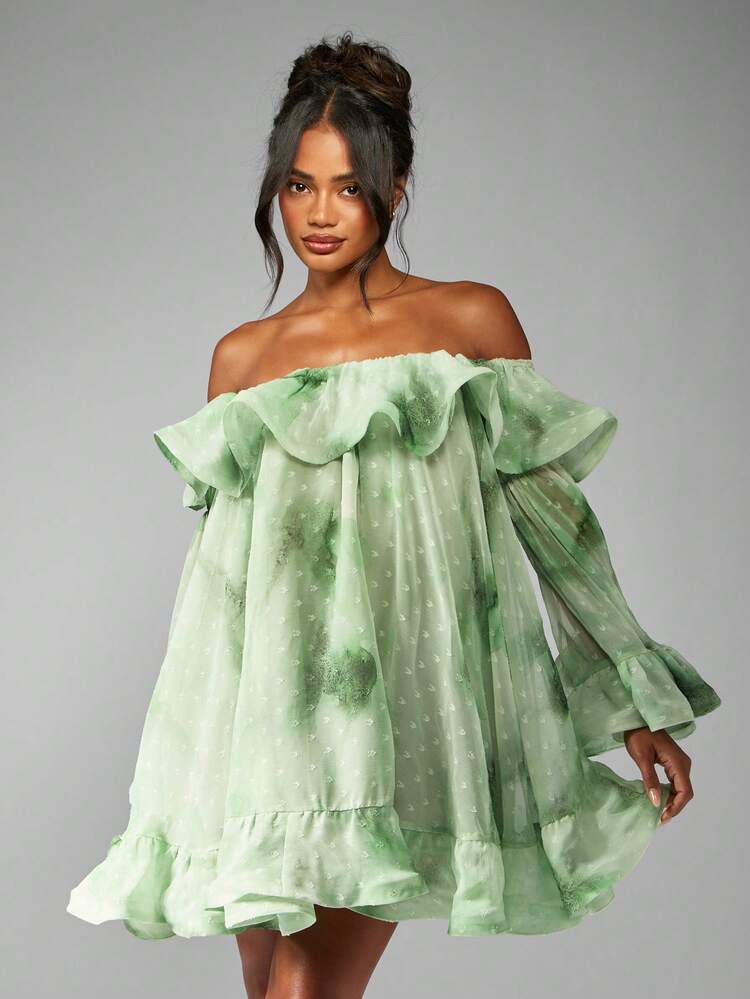 MISSGUIDED Long Sleeve Off Shoulder Mini Swing Dress With Ruffles Flowy Tulle Wedding Reception Occasion Evening Party Dress