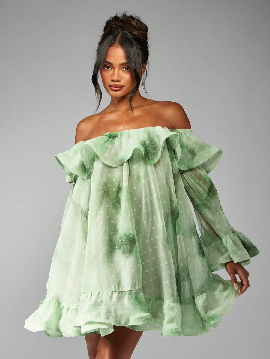 MISSGUIDED Đầm ngắn tay dài trễ vai dáng xòe bồng bềnh bằng vải voan, thích hợp cho tiệc cưới, tiệc chiêu đãi và các dịp lễ hội buổi tối. - màu xanh lá - Xem 1