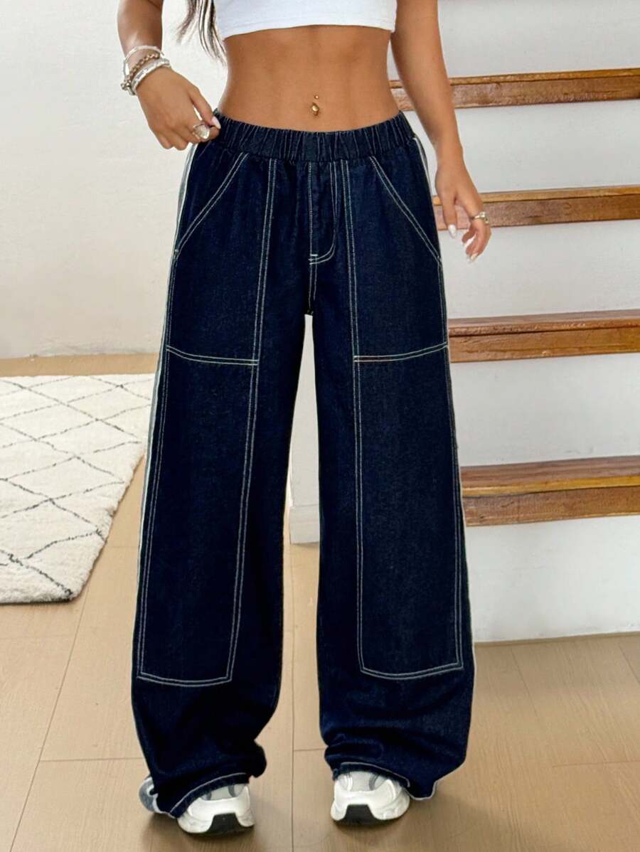 INAWLY INAWLY Women's Casual Washed Contrast Color Wide-Leg Jeans - Blue - View 1