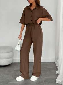 EURMUSE Women's Two Pieces Shirt And Wide Leg Pants With Drawstring - Brown - View 4