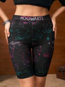 HARRY POTTER X SHEIN 女士全印花高腰紧身机车短裤 - 黑色 - 查看 4