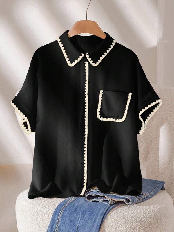 CosyJoli Plus Size Casual Contrast Trim Batwing Sleeve Shirt,Going Out Tops Women