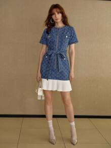 MOTF PREMIUM BELTED PLEATED DENIM DRESS - Blue - View 2