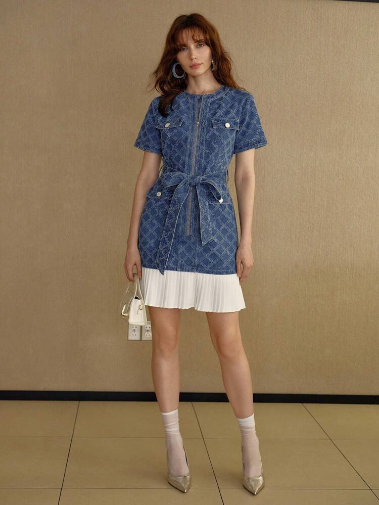 BELTED PLEATED DENIM DRESS