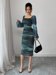 Rafferiza Women's Leopard Print Long Sleeve Mesh Long Dress, Casual Commuter, Graduation Outfit Fall Cloth For Women