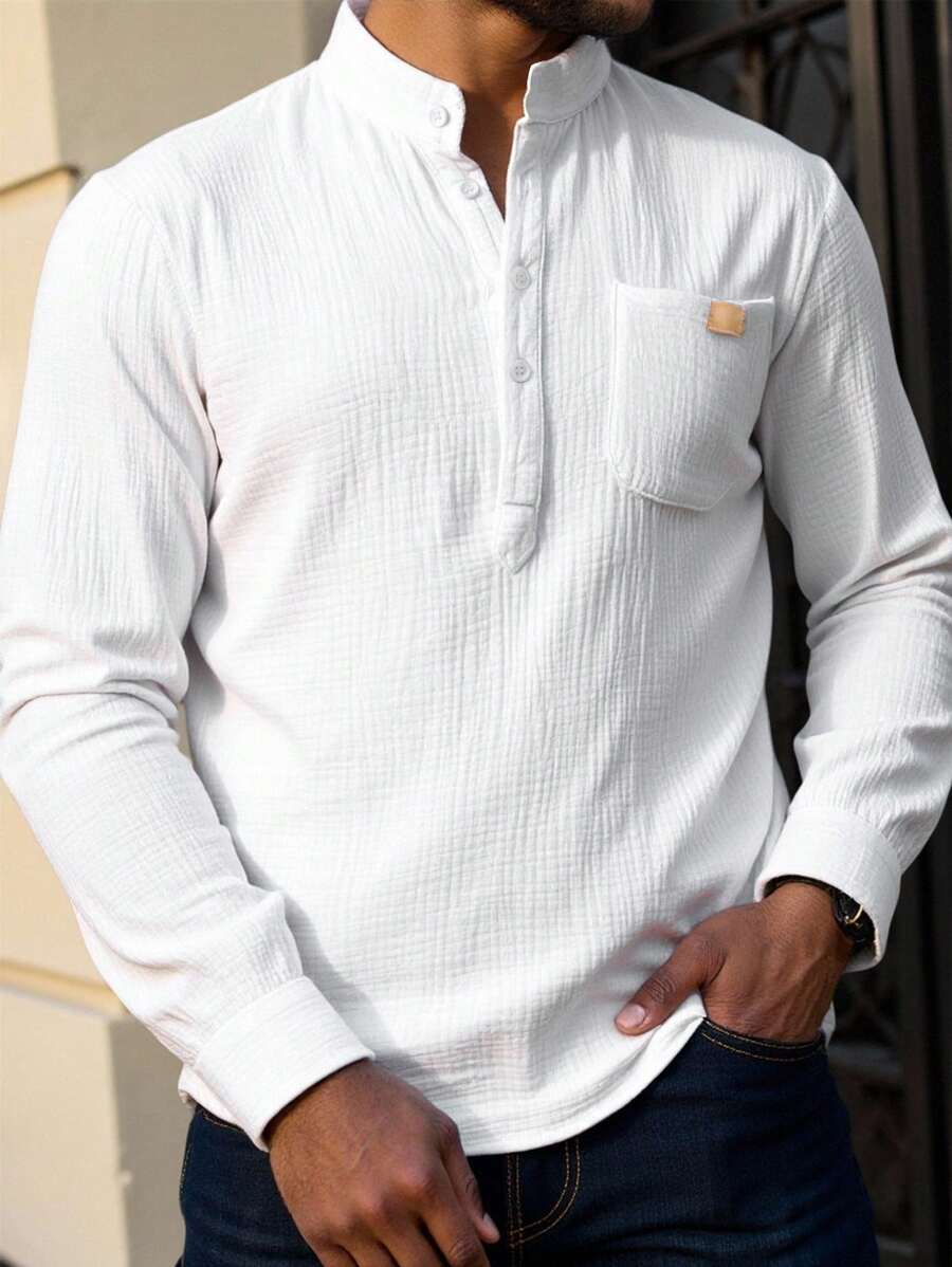 Manfinity Homme Men's Solid Color Cotton Casual Long Sleeve Stand Collar Shirt Men White Long Sleeve Shirt Men White Pocket Shirt Men White Casual Shirts Men White Henley Shirt Men Band Collar Shirt - White - View 1