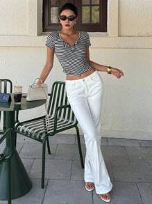 DAZY Women's Stripe Short Sleeve Cropped Tight Fit T-Shirt