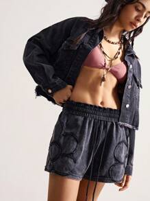 Bohemela 波西米亚复古乡村度假宽松松紧腰绣花口袋水洗棉女短裤女式短裤两件套短裤女式运动短裤休闲短裤 - 黑色 - 查看 6