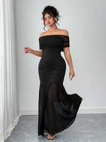 Elenzga Plus Size Women's Solid Color Off Shoulder Ruched Fish-Tail Hem Elegant Dress - Black - View 4