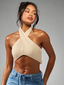 MISSGUIDED 3 Pack Halter Neck Crop Top Bundle Ribbed Crossover Front Summer Festival Essential Fashion Multipack Sleeveless Basic Tank Tops