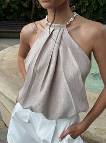 Aloruh Women's Solid Color Pleated Loose Halter Neck Blouse, Summer - Khaki - View 4