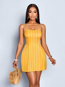 SOLERSUN Váy mini kẻ sọc thanh lịch dành cho nữ, hở vai, không dây, thường ngày, hẹn hò & dự tiệc (Hoa ngẫu nhiên) - Màu vàng - Xem 4