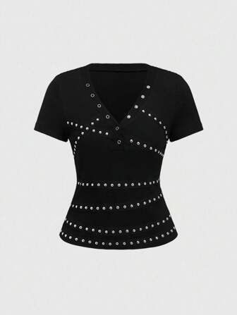 Grunge Punk Y2K Vintage V-Neck Patchwork Rivet Ribbon Metallic T-Shirt