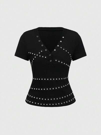 Grunge Punk Y2K Vintage V-Neck Patchwork Rivet Ribbon Metallic T-Shirt