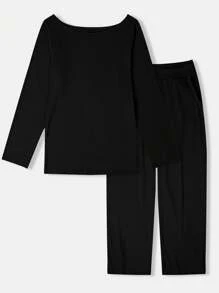 INAWLY 2 件套女士纯色圆领长袖上衣和抽绳口袋裤休闲家居服 - 黑色 - 查看 3