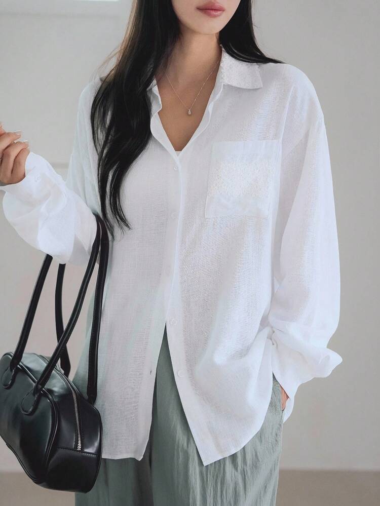 Women's Loose Linen Lace Patchwork Long Sleeve White Shirt, Business Casual Office Commuter Wear, Spring, Summer, Autumn