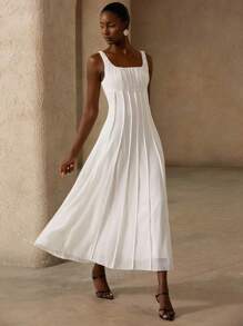 Aveloria Rosie Robe élégante sans manches pour femmes avec design de taille à patchwork, volants, bretelles à bulles et texture florale minimaliste romantique - Blanc - Voir 1