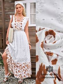 LanaWest New Design Women's V-Neck Embroidered Fabric Ruffle Hem Patchwork Bohemian Elegant Dress - Multicolor - View 8
