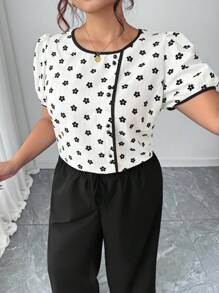 Elenzga Plus Size Women Contrast Color Ditsy Floral Short Sleeve Slimming Casual Elegant Top & Wide Leg Pant 2 Pieces Set