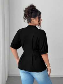 Elenzga 大码女式短袖纯色休闲办公室衬衫 - 黑色 - 查看 2