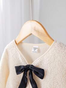 SHEIN Young Girl's Woven Bowknot Casual Jacket Kids Cardigan For Girls Girl Sweaters Cardigan Girls Sweaters Girls Sherpa Cardigan Toddler Girl Cardigan Sweater,In Fall/Winter - Apricot - View 4