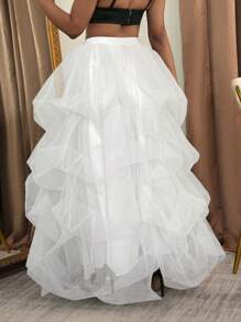 Slaydiva Vestido elegante y sexy de gala 2024 con cintura alta, malla exagerada. Vestido de tul de ballet largo maxi con abertura alta, falda en capas de tul hasta el suelo de corte evasé con cintura alta y abertura, talla grande