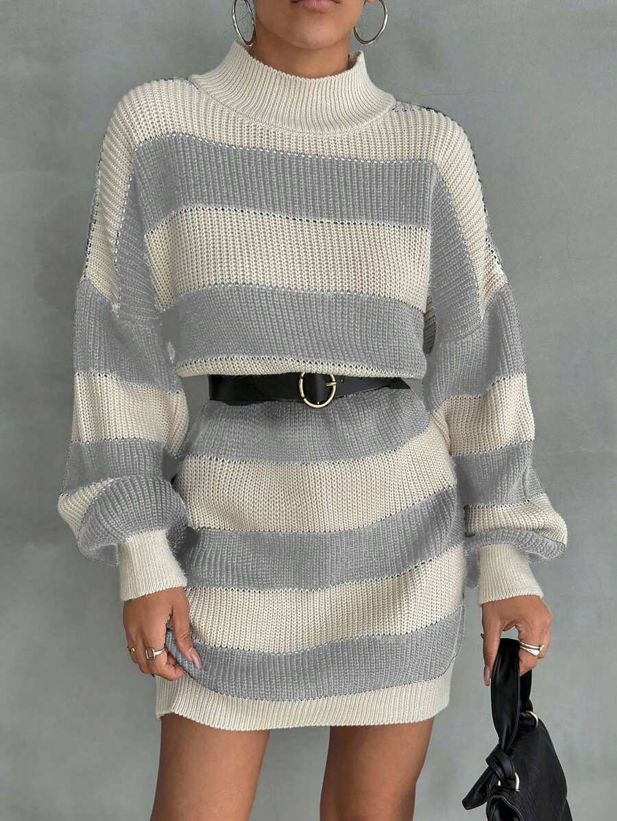 EURMUSE Women Drop Shoulder Sweater Dress With Striped Pattern,Petite - Light Grey - View 1
