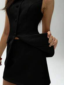 Aloruh Women's Elegant Office Commute Everyday Tweed One Shoulder Sleeveless Single-Breasted Suit Vest In Fall/Winter - Black - View 7