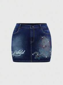 ROMWE Grunge Punk Back To School  Vintage Carp & Wave Pattern Embroidered Rhinestone Decor Plus Size Women Mini Denim Skirt With Shorts - Blue - View 1