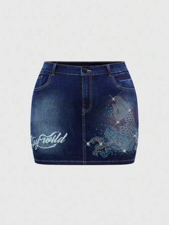 Grunge Punk Gonna di jeans mini plus size da donna con pantaloncini, con ricamo vintage di carpe e onde, decorata con strass