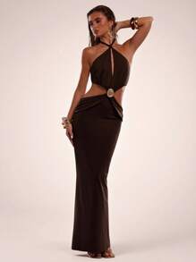 SHEIN BAE 性感吊带系带露背镂空腰部修身女式长裙 - 咖啡棕 - 查看 1