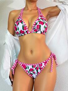 Women's Fashionable Sexy Bikini Set, Tie-Decorated Sweet Fruit Print, Stretchy Fabric, Summer - Multicolor - View 1