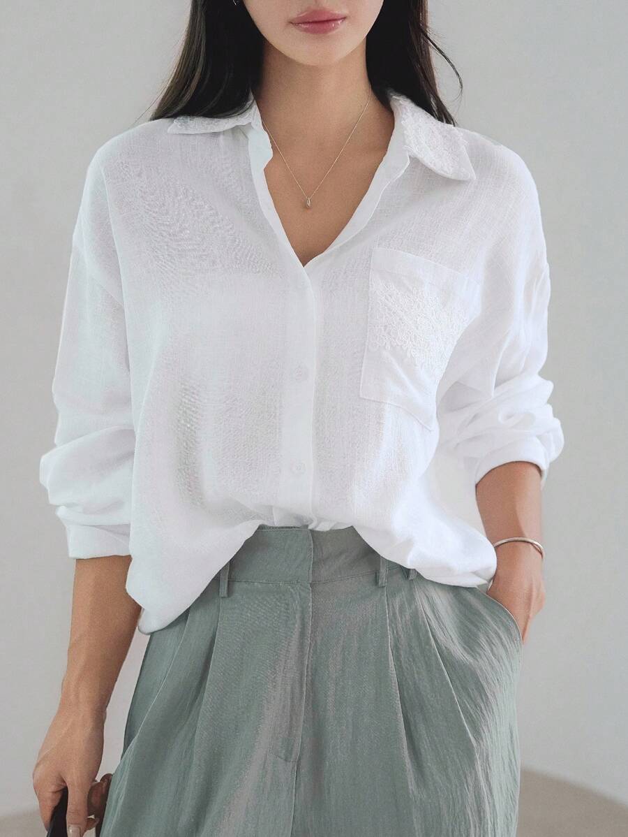 Dazy-Less 女士宽松亚麻蕾丝拼布长袖白衬衫，商务休闲办公室通勤装，春夏秋 - 白色 - 查看 1