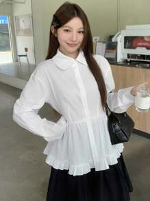 DAZY Áo kiểu Hàn Quốc tay dài cổ polo viền bèo nhún trơn màu cho nữ, áo babydoll, quần áo nữ mùa thu - trắng - Xem 2