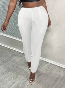 SHEIN PETITE CURVE 大码 2024 新款简约纯色修身牙签褶高腰女式工装七分裤