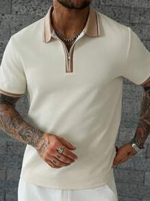 Manfinity CasualCool 男士杏色条纹 Polo 衫，带拉链细节，适合网球和高尔夫，拉链纹理 Polo 衫，Old Money - 杏色 - 查看 3