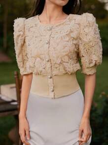 Savoree Summer Fashionable Elegant Niche Patchwork Puff Sleeve Blouse For Women