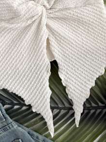 SHEIN Tween 女童白色和米色扭纹前胸褶短款吊带背心，适合休闲海滩度假春夏 - 杏色 - 查看 5