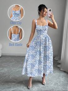 Chiquease Rafferiza 女式浪漫红色彩色花卉印花纯色情人节约会生日度假休闲连衣裙荷叶边前系带蝴蝶结可爱太阳裙演唱会服装优雅吊带后背不对称腰部修身A字下摆2025夏季新款长裙 - 藍白色 - 查看 1