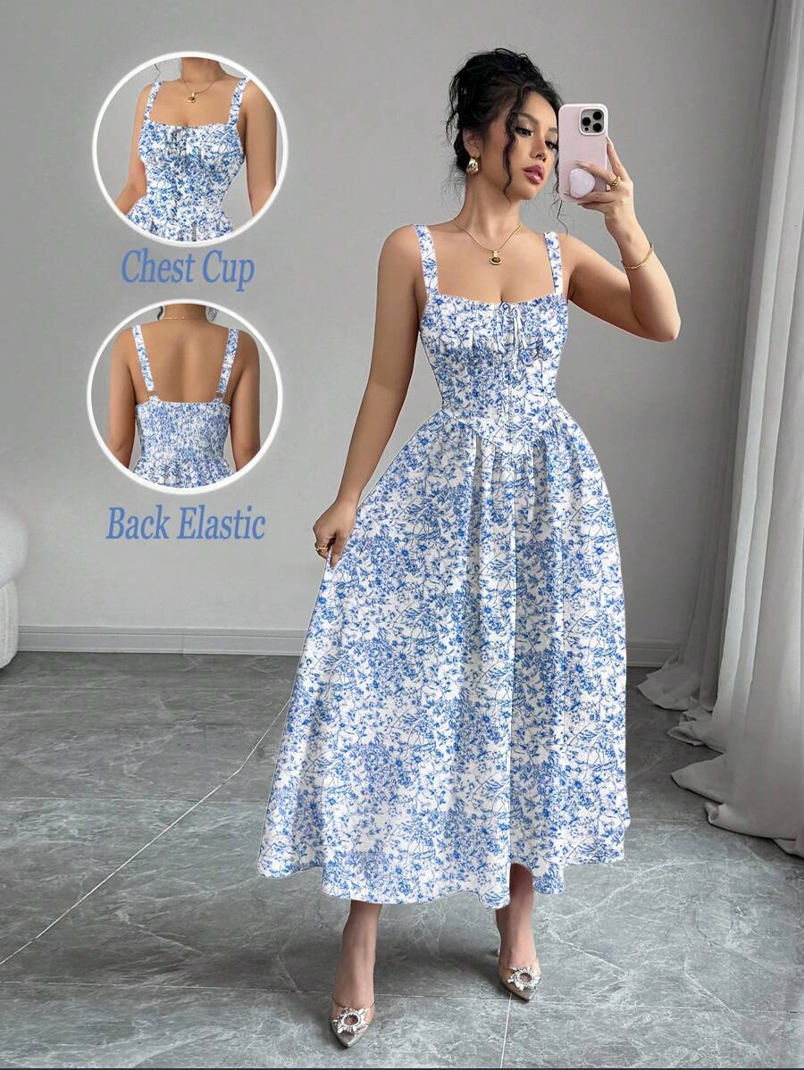 Chiquease Rafferiza 女式浪漫红色彩色花卉印花纯色情人节约会生日度假休闲连衣裙荷叶边前系带蝴蝶结可爱太阳裙演唱会服装优雅吊带后背不对称腰部修身A字下摆2025夏季新款长裙 - 藍白色 - 查看 1
