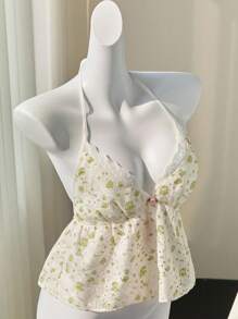 Elamini Áo hai dây buộc dây phía trước, cổ yếm, hở lưng, họa tiết hoa hồng màu hồng, thêu ren, kiểu dáng gợi cảm, thích hợp cho mùa xuân/hè. - Nhiều màu - Xem 5